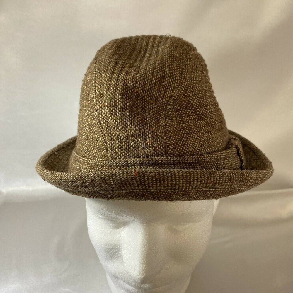 Vintage Mens Fedora Hat Wool Tweed Brown Cream